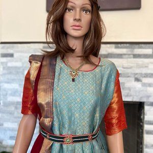 Sky blue gold and reddish border silk dress
